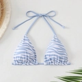 Halter bikini top featuring light blue and white zebra print with adjustable ties - Light Blue Zebra