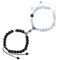 8mm natural stone couple bracelets with magnetic heart charm in black and white finish - Woven Style Round Magnet / Black and White