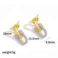 Detailed view of gold U-link earrings with white zircon pavé and measurements - U-Shaped Ball Style (TE60486) / Gold