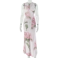 Detail of pink floral sleeveless maxi dress featuring elegant front ruching and slim fit - S / Apricot Pink