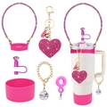 Pink and gold Stanley cup accessory set with heart keychain and glitter handle - Pink Gold Glitter Set