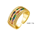Gold-plated adjustable open ring with colorful zircon stones and side micro-pave crystals - Style 262 (Triple Row Baguette Rainbow)