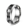 Close-up of gothic punk ring featuring silver skull reliefs on black enamel surface - US 6 / Black with Silver Gear