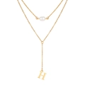 Gold double-layer Y-shaped necklace featuring a white pearl and a capital H pendant - Letter H Style (NC-1930G-H)