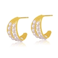 Orecchini vintage a cerchio C placcati oro 18K con perle bianche e trama a corda ritorta - Orecchini con perle a tripla fila a trama corda-KE0667