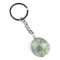 Grey-green natural agate stone foot-shaped keychain with polished metal ring on white background - Labradorite