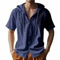 Detail of navy short sleeve hooded shirt with drawstring and wooden texture buttons - Navy Blue