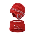Red kids winter knit hat and scarf set with fleece lining and smiley face embroidery - Burgundy