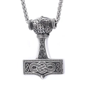 Vintage silver Mjölnir pendant necklace with Viking compass patterns and twist chain - Thor's Hammer Single Pendant