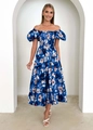 Detailed view of off-shoulder floral midi dress with layered tiered skirt and puff sleeves - Deep Blue Flower