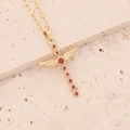 Golden stainless steel necklace with red zircon winged cross pendant on beige stone - Cross with Wings (Large) / Red Marble