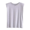 Detailed view of grey crewneck sleeveless T-shirt with padded shoulders on white background - S / Gray