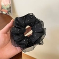 Organza-Haargummi in Schwarz mit weißen Punkten und elegantem doppellagigem Netzstoff - Double Layer Gauze Polka Dot Style / Schwarz