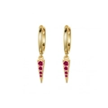 Detail of gold triangle drop earrings with four pink-purple crystals on white background - Rose Red Zirconia