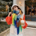 Rainbow plaid scarf with thick braids and long tassels worn by a model in front of a shop - Multicolor Rainbow Check