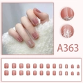 Short nude pink french press-on nails with silver glitter gradient tips, 24pcs set - Glue Type / Pink Gradient Silver Glitter (A363)