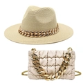 Detail of beige straw fedora and matching creamy white ruched bag with gold acrylic chains - M (56-58cm) / Beige Hat + Bag