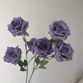 Close-up of five realistic purple silk roses with green leaves and a small flower bud - 3-Head Rose / Deep purple