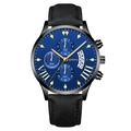 Men's fashion watch with blue dial, black metal case, and matte black leather strap - Blue Dial Gold Pointer Black Case