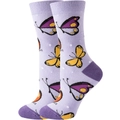 Detail shot of purple cotton mid-calf socks with vibrant colorful butterfly patterns - Purple Butterfly