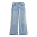 High-Waist-Jeans mit weitem Bein, blauem Denim und weißen Spitzenbesätzen an den Seiten - XS / Hellblau