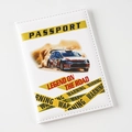 Detail shot of white PU leather passport cover featuring rally racing print and warning tape design. - White