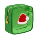 Detail of green makeup bag with festive Christmas hat chenille patch and gold zipper - Green (Christmas Hat)