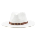 Detail of white straw hat featuring a brown faux leather band with turquoise beads - M(56-58cm) / White