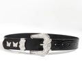 Detail of a black faux-crocodile belt featuring a silver butterfly buckle with rhinestones - 105cm / Black
