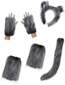 Detailed flat lay of grey leopard faux fur animal ears, paw gloves, and long tail set - Two-Tone Wolf Set