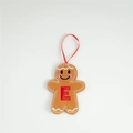 Gingerbread man felt ornament with red embroidered letter E and hanging ribbon - Letter E