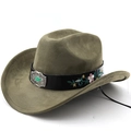 Olive green suede western cowboy hat featuring floral embroidery and turquoise belt - M(56-58cm) / Army Green