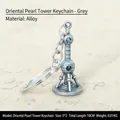 Detailed view of Oriental Pearl Tower alloy keychain in silver finish with dimensions - Multi-size / Oriental Pearl Tower Grey