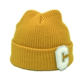 Detail of yellow ribbed knit beanie with a white chenille letter C patch - M(54-58cm) / Yellow
