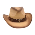 Classic straw western cowboy hat in light brown with bull head concho and leather band - One Size / Rice Coffee (Brown Bull)