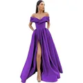 Elegant purple off-shoulder evening gown with high slit in shiny satin fabric - US 2 / Purple