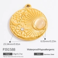 Golden stainless steel sun and moon round pendant with opal inlay and clear gemstone - Sun Moon Star Relief Style (PJ91588)