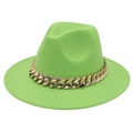 Close-up of vibrant neon green fedora hat featuring a chunky gold acrylic chain band - Fruit Green