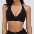 Black V-neck sports bra with crossover detail and wide supportive elastic band - S / Premium Black