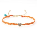Handmade orange woven friendship bracelet with a polished gold heart pendant - Orange and Gold (with Cyan Tassel)