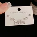 Three-piece S925 silver needle stud set with minimalist bow and zircon designs - Silver-Full Rhinestone Bow Set (10#)