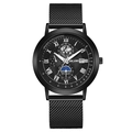 Orologio da uomo nero al quarzo con cinturino in maglia milanese e fasi lunari a quadrante - Quadrante Nero Lancette Argento Cassa Nera Cinturino Nero