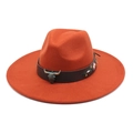 Detail of western hat with bull skull metal buckle and floral embroidery on leather band - M (56-58cm) / Caramel