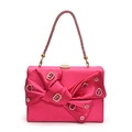 Elegante fuchsiafarbene Satin-Abendtasche mit funkelndem Strassgriff und Schleifendetail - Rosarot