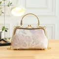 Vintage beige cheongsam handbag with pink floral embroidery and golden metal chain strap - Embossed Rose / Pink