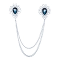 Silver collar chain brooch with teardrop blue crystal and double layered chains - Silver Base Turquoise Blue Rhinestone