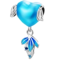 Detailed view of silver heart pendant with blue enamel wings and zircon accents - Rest of Life with You Charm