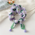 Purple daisy print cotton linen scarf with elegant tassels on a white background - Six-Petal Heart Flower Purple (Fringe)