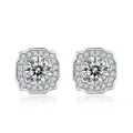 S925 sterling silver square halo stud earrings with round brilliant cut center stone - Moissanite Square Halo Style B (S33B) / Moissanite + S925 Silver