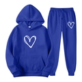 Dark blue hooded tracksuit set with white hand-drawn heart prints on flat lay view - S / Blue